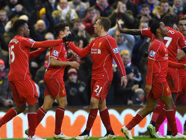 LIVERPOOL, ENGLAND - JANUARY 31: Daniel Sturridge of Liverpool celebrates his goal with Lucas Leiva during the Barclays Premier League match between Liverpool and West Ham United at Anfield on January 31, 2015 in Liverpool, England. (Photo by Shaun Botterill/Getty Images)