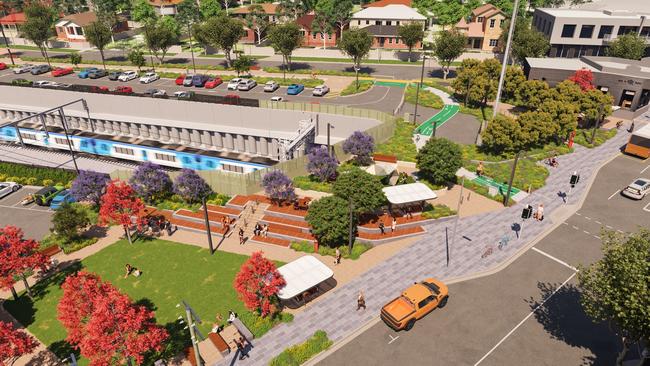 Union Road open space, including a new civic plaza and terrace garden. Artist impression only, subject to change. Plants depicted at 3-5 years post planting. Picture: Level Crossing Removal Authority Facebook page