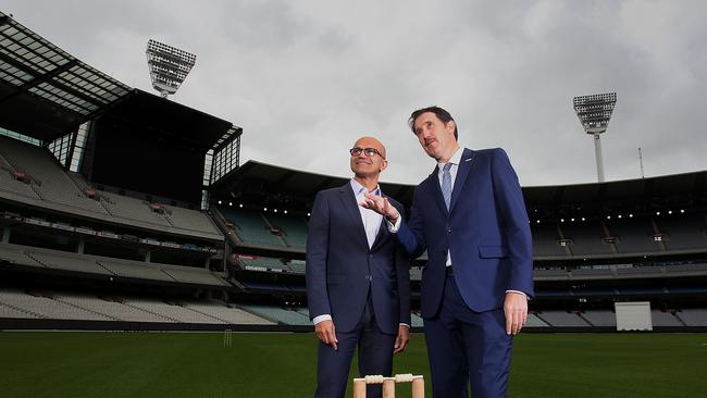 Microsoft chief Satya Nadella with former Cricket Australia boss James Sutherland at the MCG in 2016.