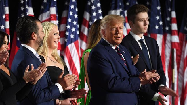 (From R) Barron Trump, First Lady Melania Trump, US President Donald Trump, Tiffany Trump, Donald Trump Jr., and Kimberly Guilfoyle applaud after fireworks during the final day of the Republican National Convention. Picture: AFP.