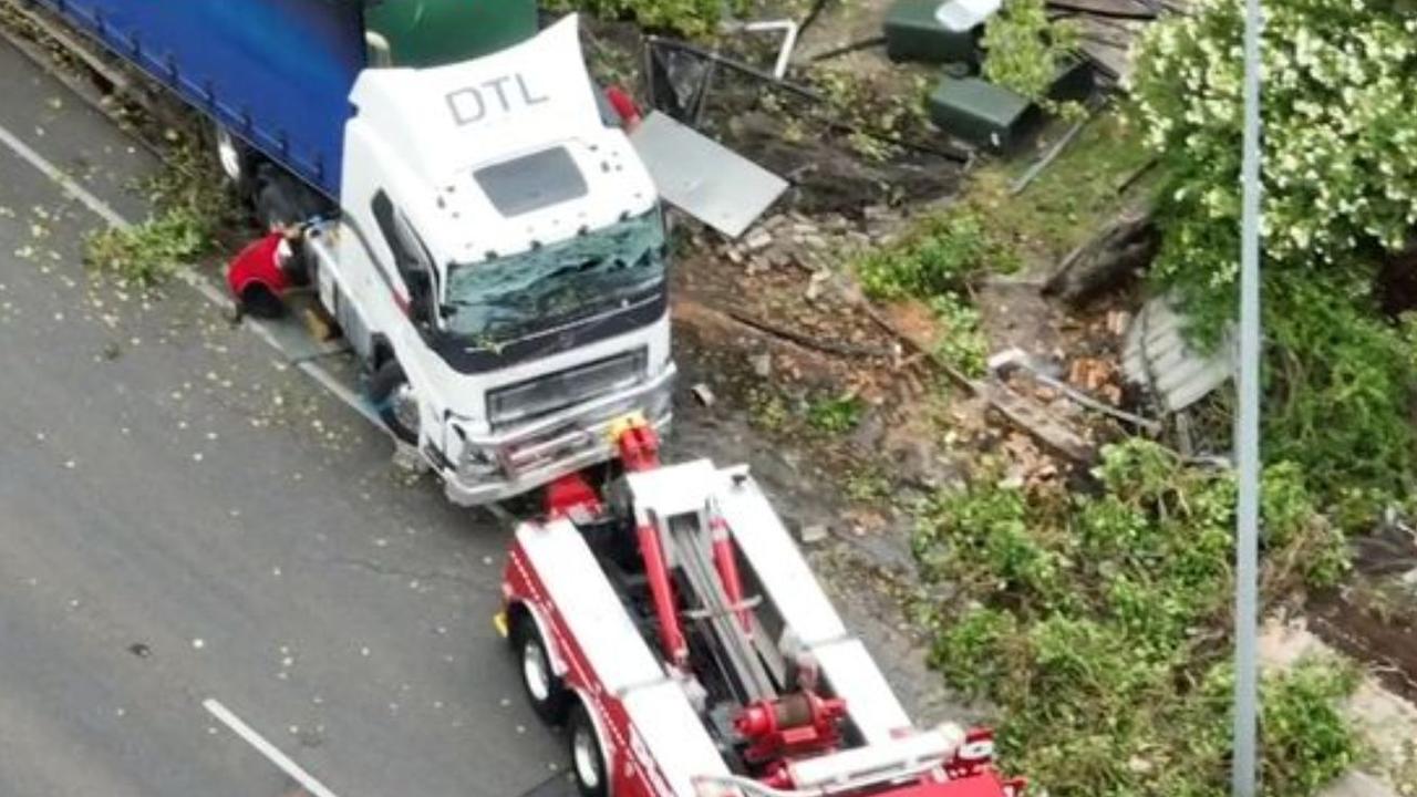 Aerial shots of the truck after it crashed into a bus stop, fences on Hampstead Road, Adelaide. Picture: 9News/Channel 9