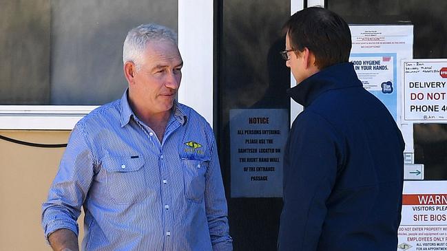 Warren Stiff, left, outside the John Dee meatworks in Warwick, Queensland. Picture: Dan Peled