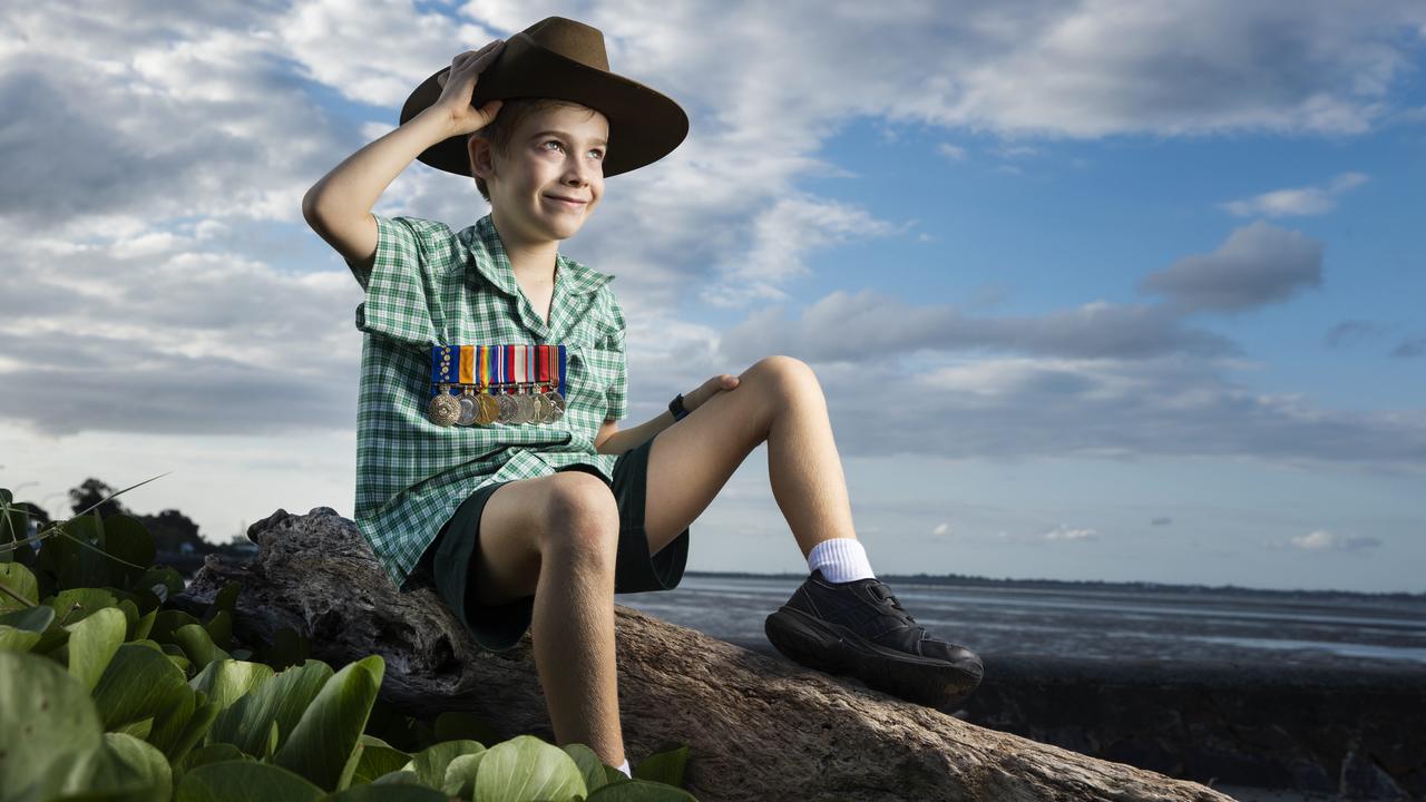 William Persijn, 7, read the Ode at Remembrance at Shorncliffe State School's 2022 Anzac service in honour of his great great grandfather, Ted Smout, who served on the western front during World War I. Picture Lachie Millard