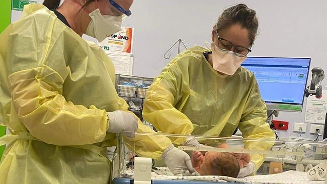 Baby Caleb at Queensland Children’s Hospital after he was diagnosed with Covid-19. Supplied by Nicole Tochez