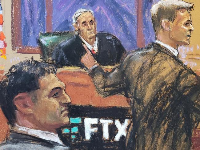 A courtroom sketch depicts Sam Bankman-Fried, foreground, and US District Judge Lewis Kaplan as defence lawyer Mark Cohen makes opening remarks. Picture: Reuters