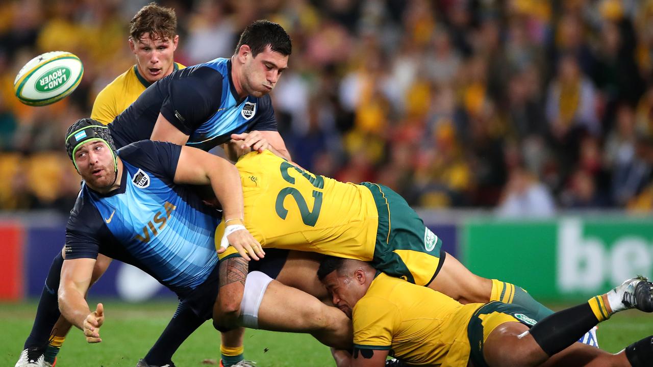 Mayco Vivas of the Pumas offloads during the 2019 Rugby Championship Test.