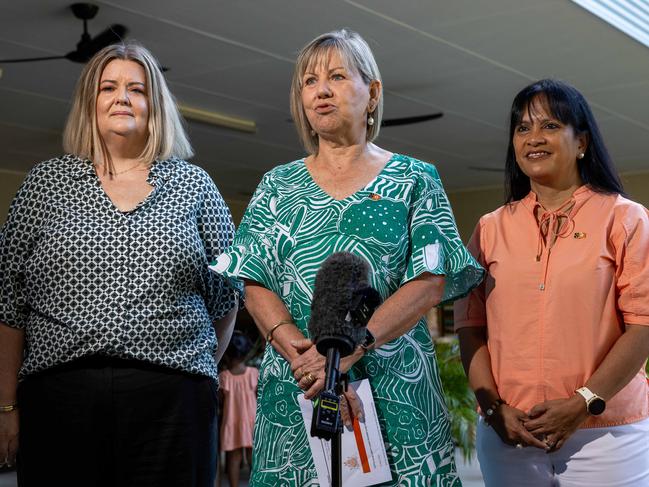 Sarah Lloyd from Territory Childcare Group, NT Education Minister Jo Hersey and Oly Carlson Member for Wanguri speak to media following the Country Liberal Party's announcement that they will repeal the Portable Long Service Leave (Community Services Sector) Act 2024. Picture: Pema Tamang Pakhrin