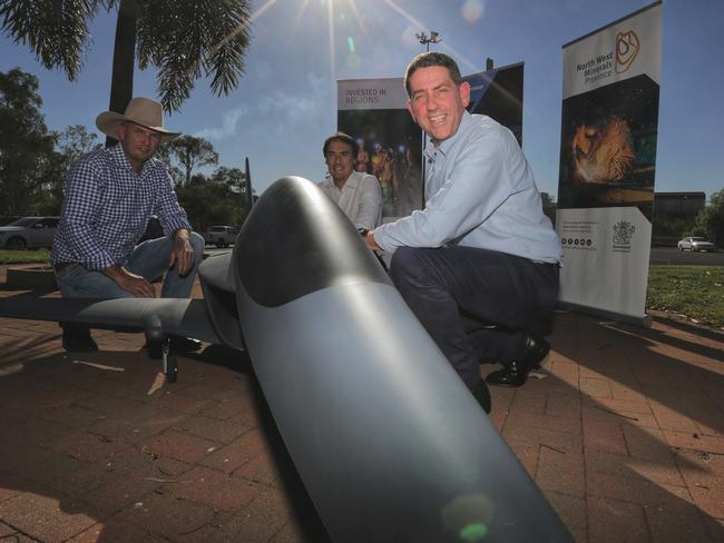 Then state development minister Cameron Dick (front) announces the facility with Cloncurry Mayor Greg Campbell (left) and Boeing senior manager (experimentation) Rob Hargrave