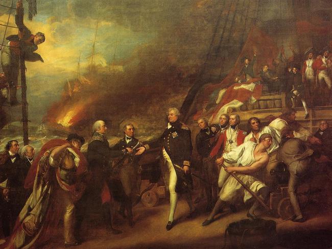 A 1799 painting depicting the end of the Battle of Camperdown, in 1797 by John Singleton Copley. The picture depicts Vice Admiral Jan De Winter, whose ship burns in the background, surrendering his sword to Admiral Adam Duncan.