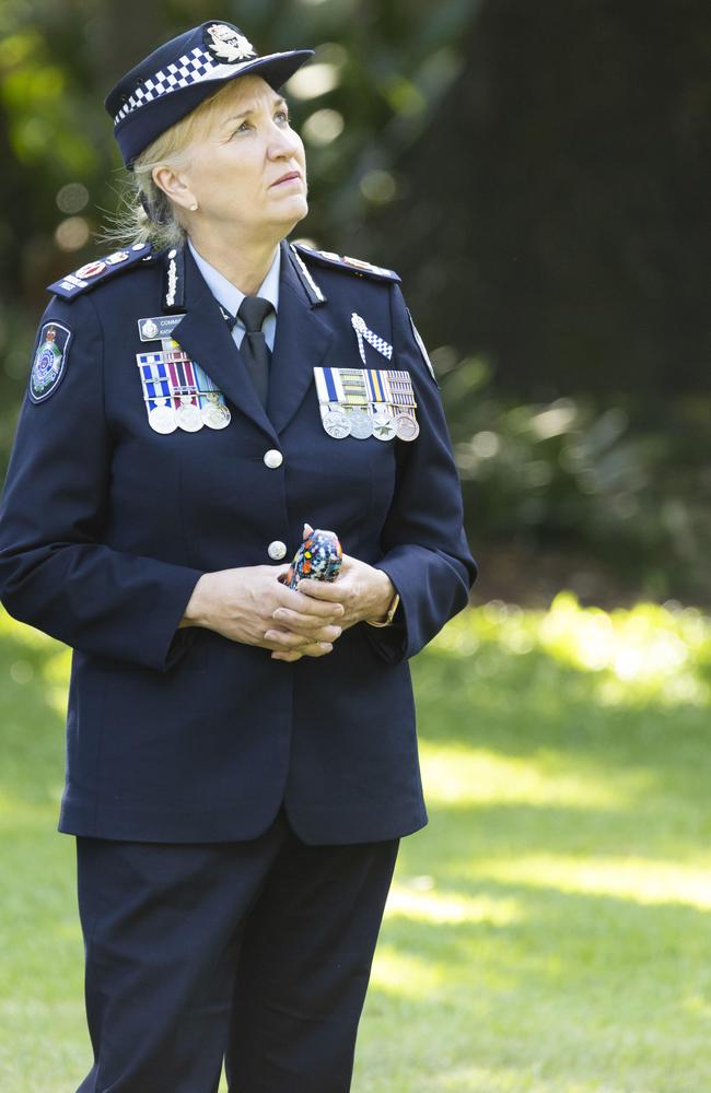 Commissioner of the Queensland Police Service Katarina Carroll at the Queensland Police Service Memorial to acknowledge the 12-month anniversary following the deaths of colleagues Constables Matthew Arnold and Rachel McCrow, Tuesday, December 12, 2023 – Picture: Richard Walker