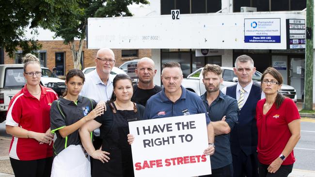 Local businesses in Beenleigh are angry about a rise in crime and a drug clinic on City Road. Business owners Lea Little, Nikita Trask, Mark Osmond, Natalia Tormasi, Ben Yeuell, Darren Black, Nate Hamon, Brian Newman and Kiran van Breemen. AAP Image/Renae Droop