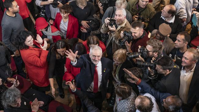 Labour leader Jeremy Corbyn waves after speaking at an election campaign at Battersea Arts Centre.