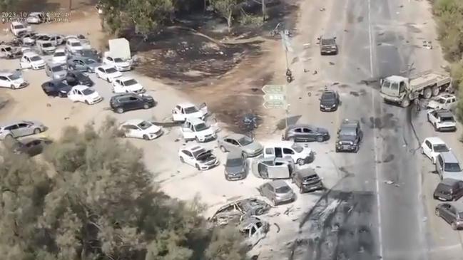 The remains of a festival site where rescuers have found 260 bodies at a music festival in Israel after witnesses say Hamas terrorists cut the power and opened fire. Picture: Supplied