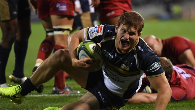 James Dargaville of the Brumbies celebrates his try.
