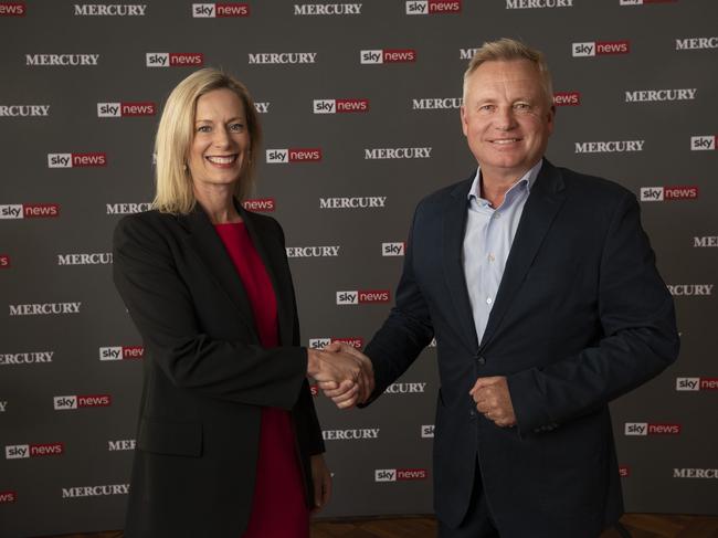 Tasmanian Labor Leader Rebecca White and Premier Jeremy Rockliff before the Sky News/ Mercury People's Forum at the Town Hall, Hobart. Picture: Chris Kidd