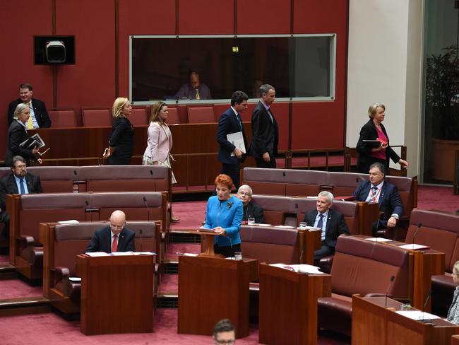 The Greens walk out on Pauline Hanson during Senator Pauline Hanson first speech in the Senate chamber in Parliament House in Canberra. Picture Gary Ramage