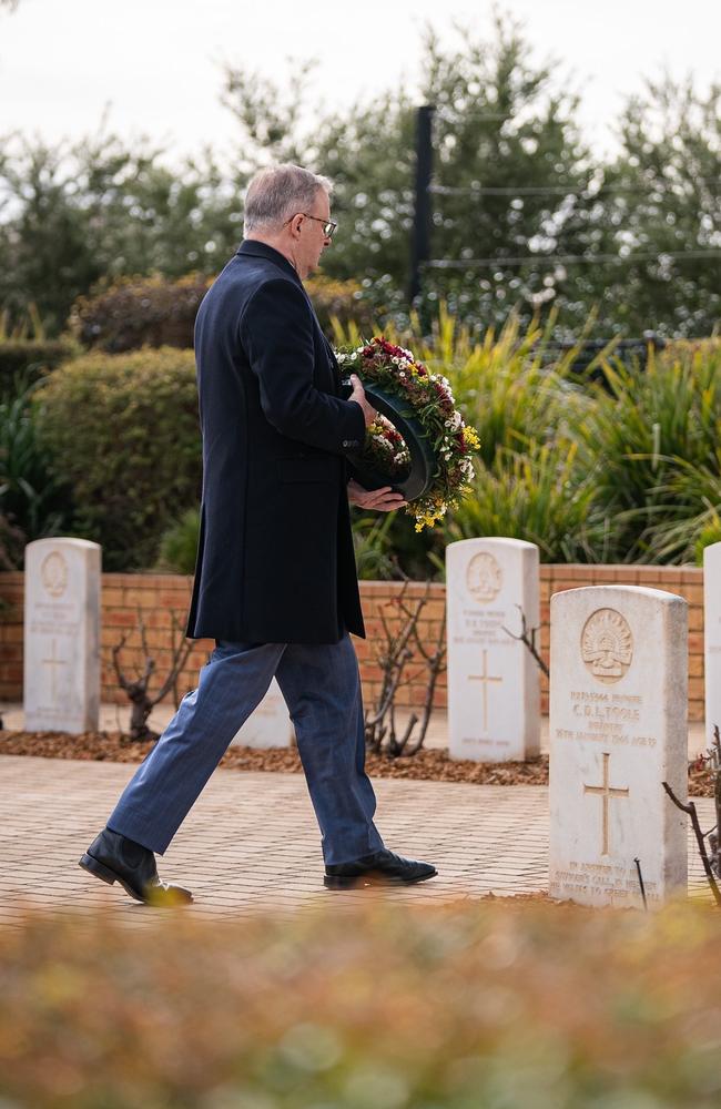 Anthony Albanese tried to clarify his comments on Makarrata at an doorstop following the laying of a wreath to mark the 80th anniversary of Cowra Breakout. Picture: Supplied/X