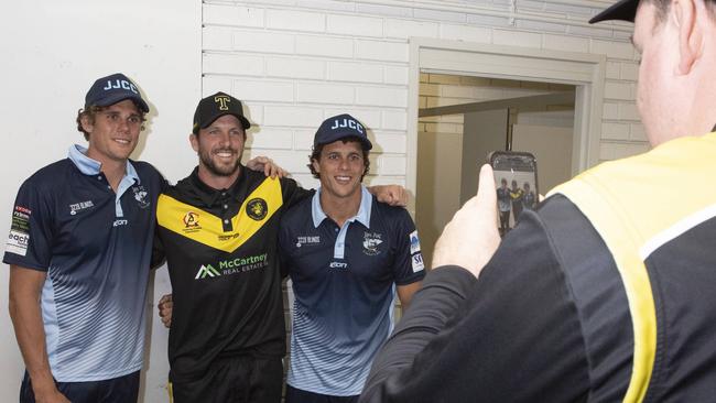 Ed Curnow, Travis Boak and Charlie Curnow get ready to face off at Spring Creek. Torquay v Jan Juc. Travis Boak played for Torquay and Charlie and Ed Curnow turned out for Jan Juc. Picture: Alan Barber