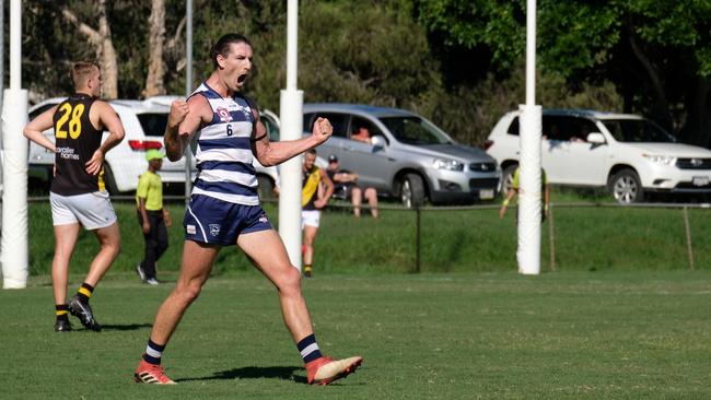 Broadbeach Cats forward Jordan Moncrieff celebrates after kicking a goal. Photo credit: Brooke Sleep Photography.