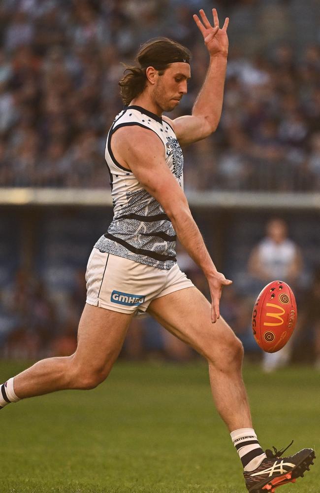 PERTH, AUSTRALIA - MAY 20: Jack Henry of the Cats kicks a goal during the 2023 AFL Round 10 match between Walyalup/Fremantle Dockers and the Geelong Cats at Optus Stadium on May 20, 2023 in Perth, Australia. (Photo by Daniel Carson/AFL Photos via Getty Images)