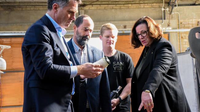 Shadow industry spokesman Richard Marles, Labor candidate for Bass Ross Hart, Sanyou Baijiu co-founder Ian Sypkes and FermenTasmania chair Kim Seagram. Picture: Alex Treacy