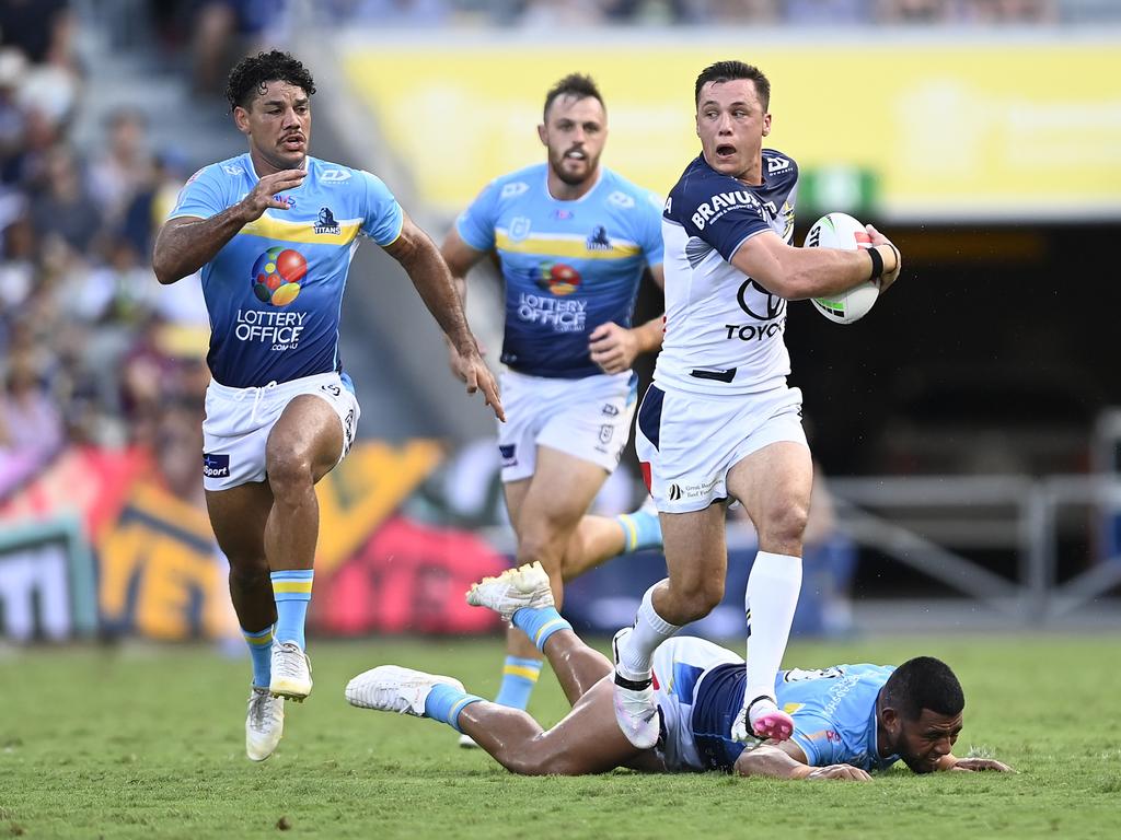 TOWNSVILLE, AUSTRALIA - APRIL 07: Scott Drinkwater of the Cowboys makes a breakduring the round five NRL match between North Queensland Cowboys and Gold Coast Titans at Qld Country Bank Stadium, on April 07, 2024, in Townsville, Australia. (Photo by Ian Hitchcock/Getty Images)