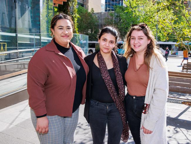 Anne Amituanai, 25, Rhea Fernandes, 31, and Madi Floody, 22, in Parramatta. Picture: Justin Lloyd.