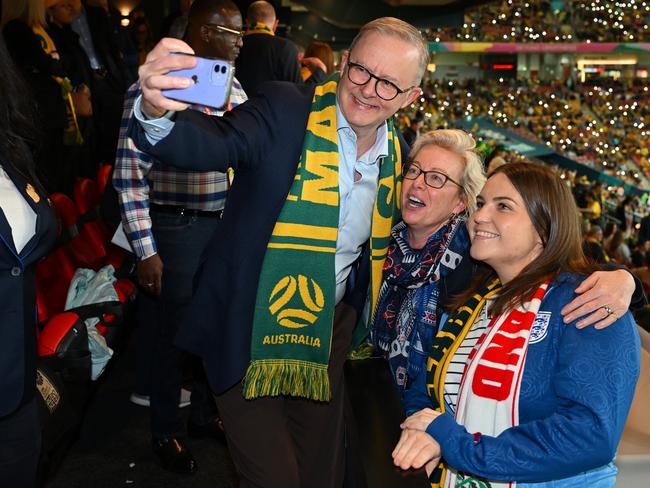 Prime Minister Anthony Albanese takes a selfie at a Matildas group stage match. Picture: Matt Roberts – FIFA/FIFA via Getty Images.