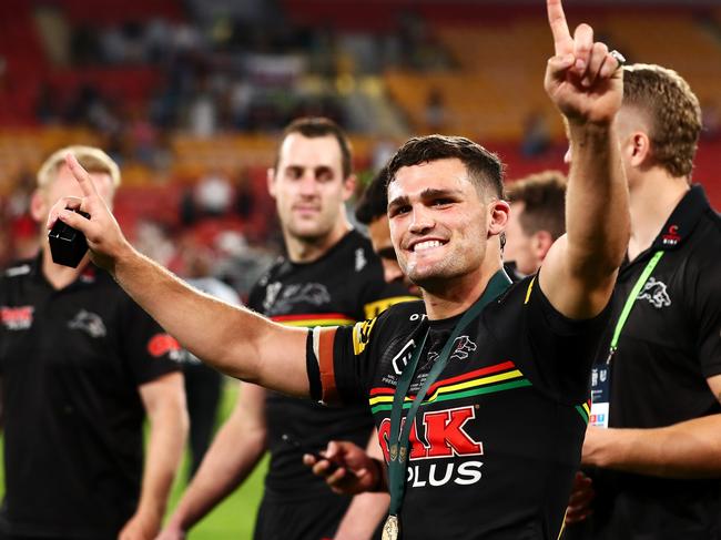 BRISBANE, AUSTRALIA - OCTOBER 03:  Nathan Cleary of the Panthers waves to the crowd as he celebrates victory in the 2021 NRL Grand Final match between the Penrith Panthers and the South Sydney Rabbitohs at Suncorp Stadium on October 03, 2021, in Brisbane, Australia. (Photo by Chris Hyde/Getty Images)