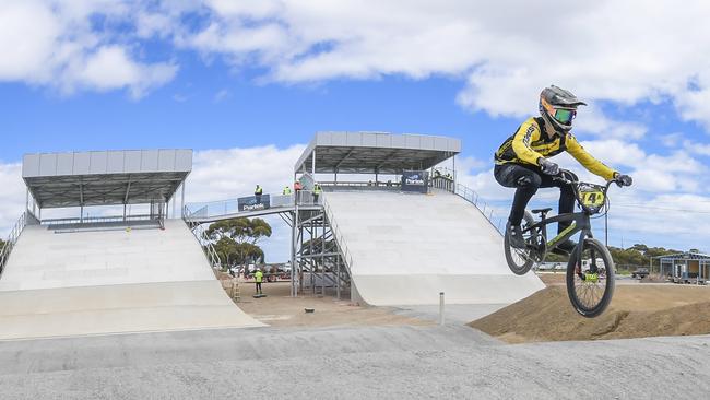 Preston Murray, 14, tries out the Sam Willoughby BMX park at O’Halloran Hill. Picture Roy VanDerVegt