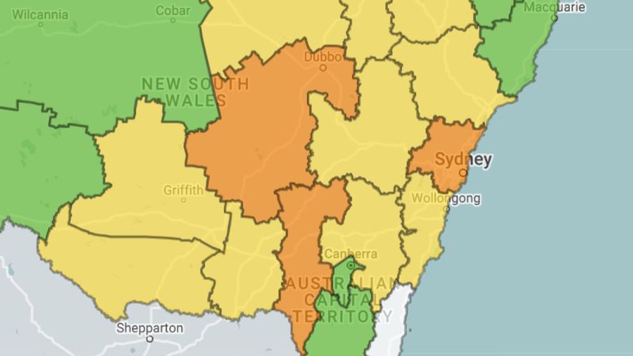 Fire danger will elevate to extreme levels, indicated in orange, on Saturday in Greater Sydney, the Central West and Southern Slopes regions. Picture RFS NSW