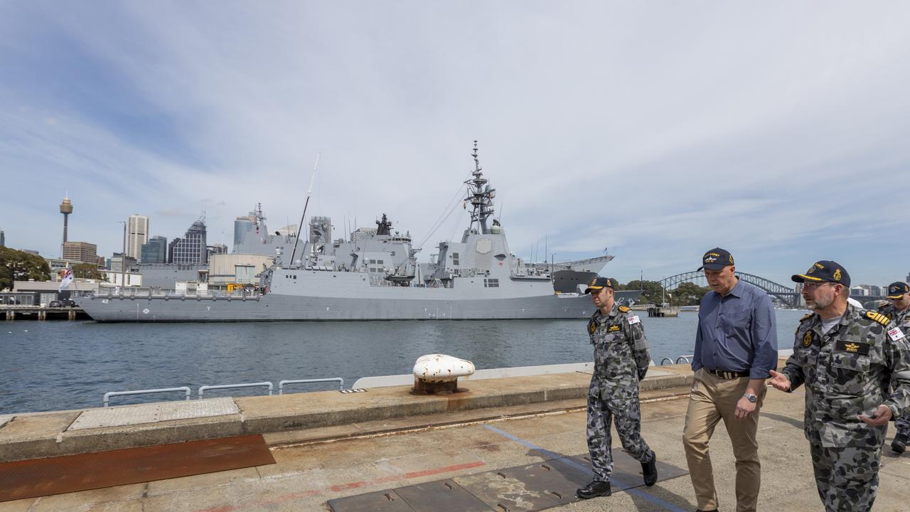 (Left) Chief of Navy Vice Admiral Michael Noonan AO, RAN, and Superintendent Garden Island Defence Precinct Captain Gavin Irwin RAN,(right) give a tour to the Minister for Defence, the Hon. Peter Dutton MP, of the New Wharf area in the Garden Island Defence Precinct, Fleet Base East, Sydney. Picture: Defence