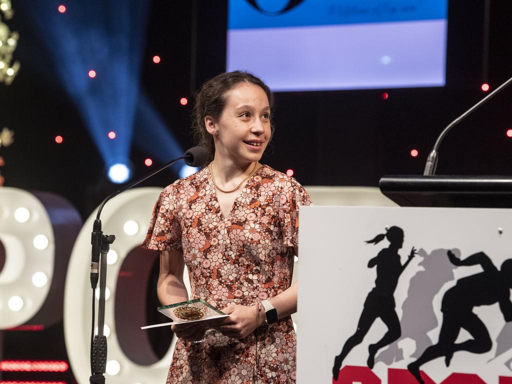 Taylah Chapman received the Junior Para Athlete of the Year. Sports Darling Downs Sports Stars of the Year dinner. Saturday, February 11, 2023. Picture: Nev Madsen.