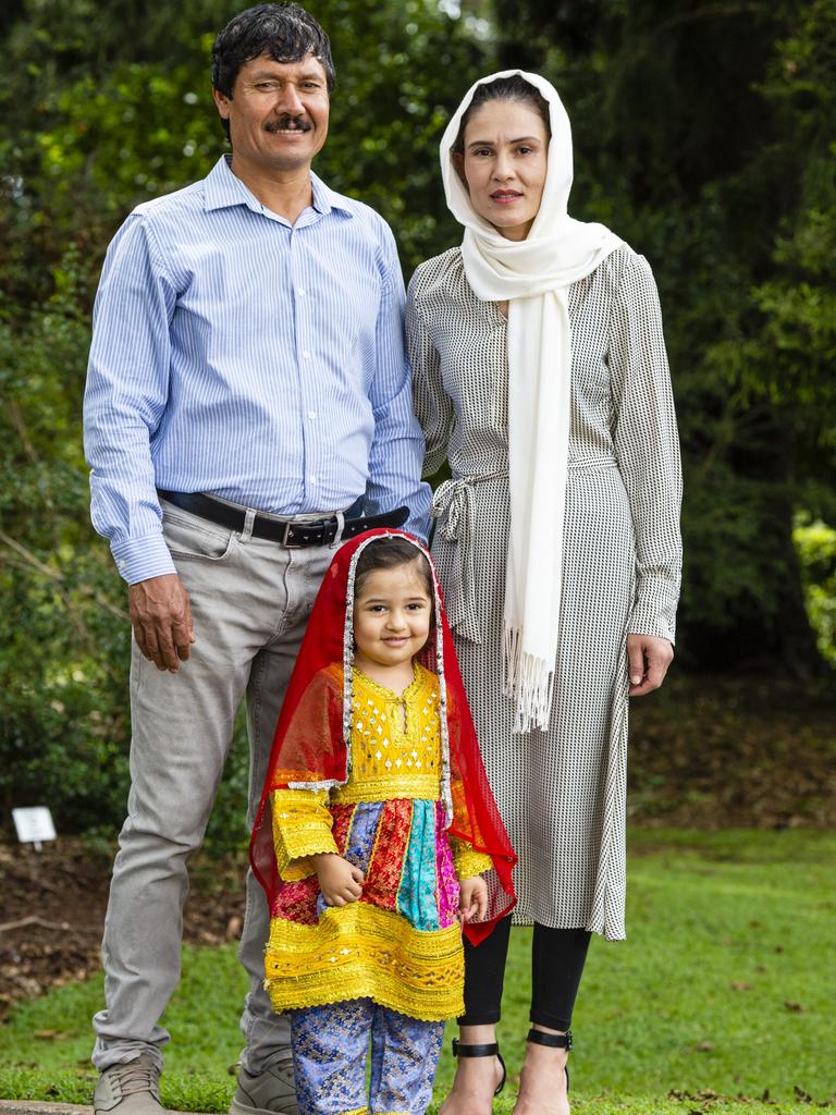 Three-year-old Zohra Nabizada, the first Australian born member of her family, prepares to celebrate Australia Day 2022 with her dad Muhammad and mum Sita Nabizada, Monday, January 24, 2022. Picture: Kevin Farmer