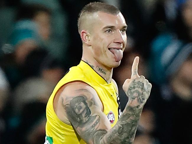 ADELAIDE, AUSTRALIA - JULY 01: Dustin Martin of the Tigers celebrates a goal during the 2017 AFL round 15 match between the Port Adelaide Power and the Richmond Tigers at Adelaide Oval on July 01, 2017 in Adelaide, Australia. (Photo by Michael Willson/AFL Media/Getty Images)