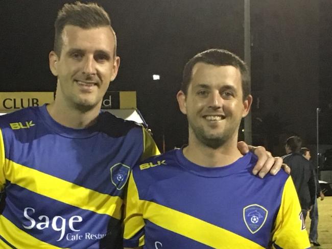 Chris Broadfoot and brother Steve in Broadbeach United colours after last year's Legends Match against Palm Beach.
