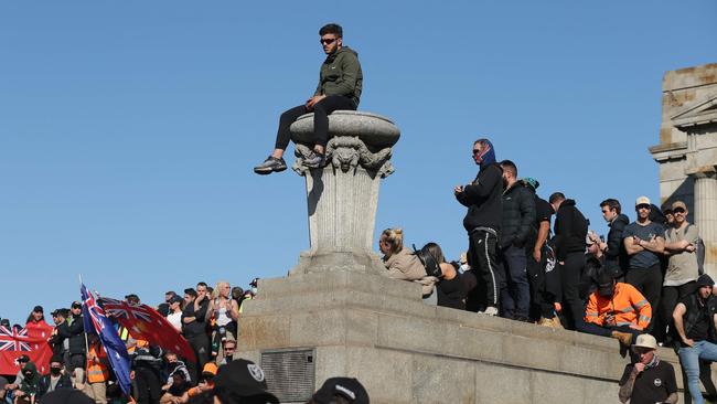 Demonstrators at Melbourne’s Shrine of Remembrance. Picture: AFP