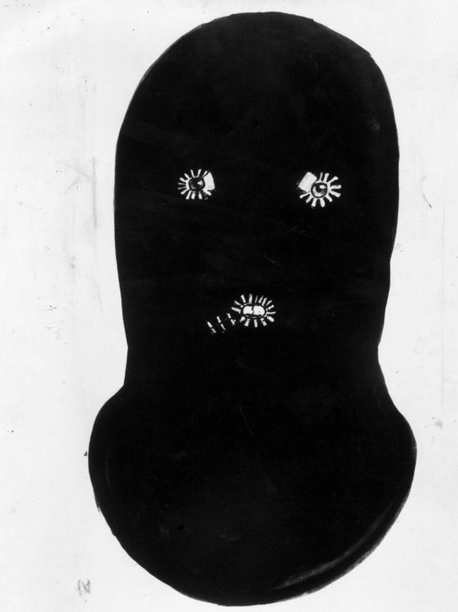 A police sketch of the balaclava used by Mr Cruel.