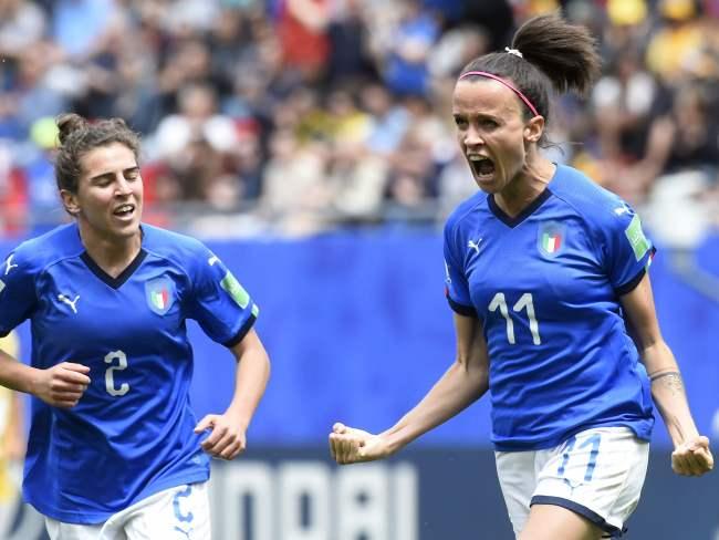 Italy's midfielder Barbara Bonansea (R) celebrates after scoring a goal. Picture: AFP