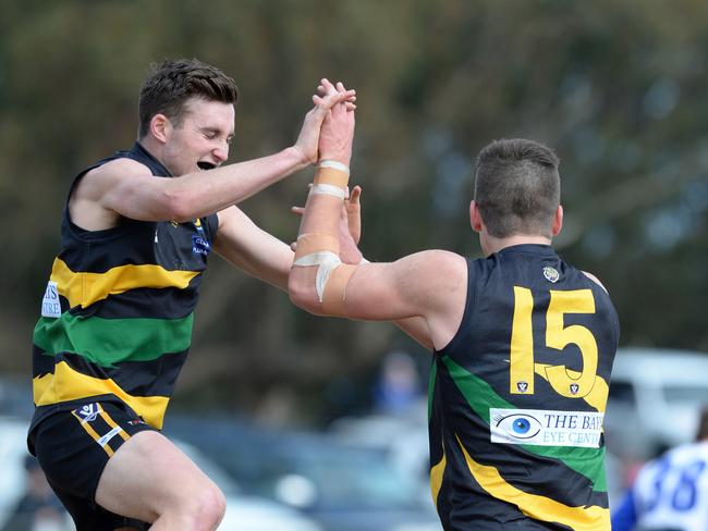 MPNFL Division preliminary final: Dromana v Langwarrin at Somerville recreation reserve.  Dromana # 15 William Geurts slots an early goal. Picture: AAP/ Chris Eastman