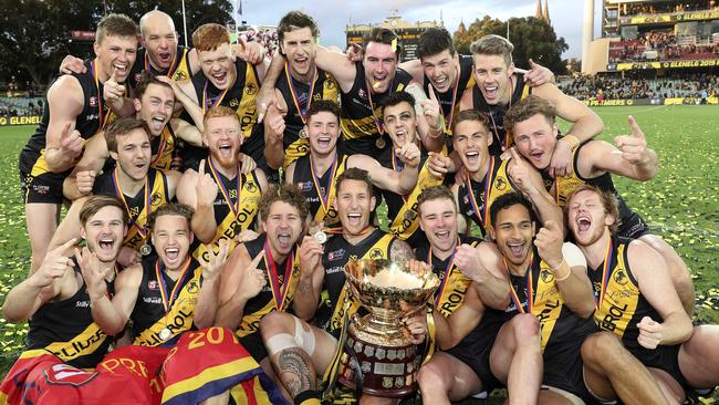 Glenelg celebrate their 2019 SANFL premiership win. Picture Sarah Reed