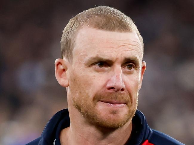 MELBOURNE, AUSTRALIA - SEPTEMBER 15: Simon Goodwin, Senior Coach of the Demons looks dejected after a loss  during the 2023 AFL First Semi Final match between the Melbourne Demons and the Carlton Blues at Melbourne Cricket Ground on September 15, 2023 in Melbourne, Australia. (Photo by Dylan Burns/AFL Photos via Getty Images)