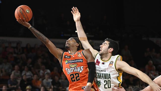 Tahjere McCall of the Taipans drives to the basket during the round two NBL match between Cairns Taipans and Tasmania Jackjumpers. (Photo by Ian Hitchcock/Getty Images)