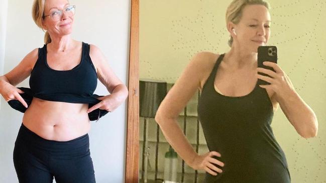 Rebecca Gibney showing off her belly – pre and post trim down. Picture: Instagram