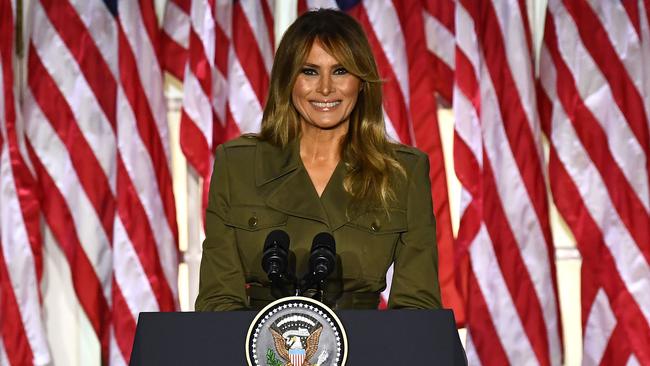 US first lady Melania Trump addresses the Republican Convention from the Rose Garden of the White House in Washington. Picture: AFP