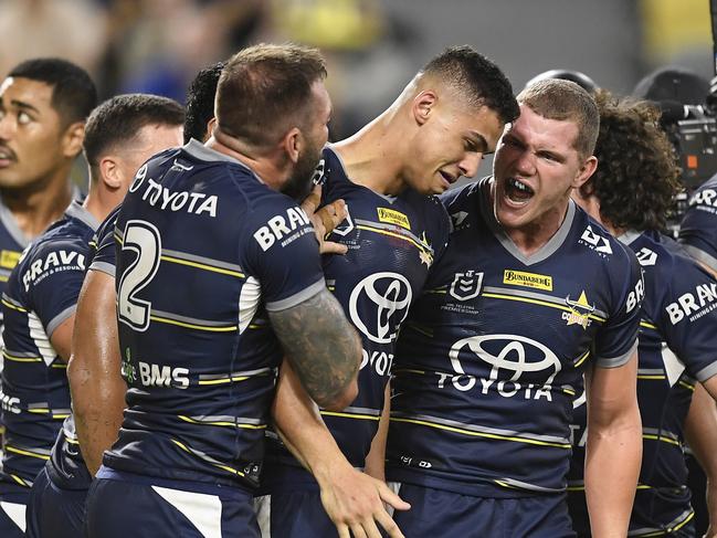 Heilum Luki’s raw emotion after scoring a try in his NRL debut. (Photo by Ian Hitchcock/Getty Images)