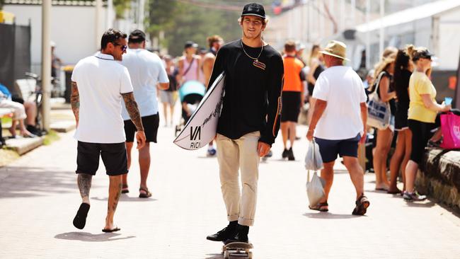 Kalani David is a crossover surfer and skateboarder competing in both during the Australian Open of Surf, Manly. Picture: Braden Fastier