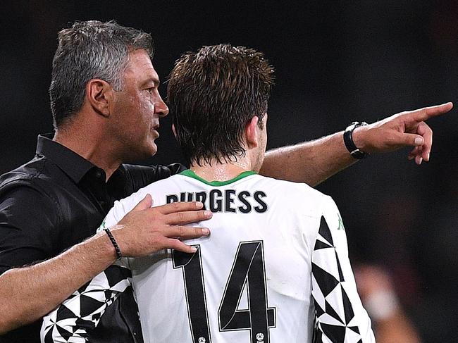 Western United coach Mark Rudan gives directions to Max Burgess during the Round 11 A-League match between the Western Sydney Wanderers and the Western United FC at Bankwest Stadium in Sydney, Friday, December 20, 2019. (AAP Image/Dan Himbrechts) NO ARCHIVING, EDITORIAL USE ONLY
