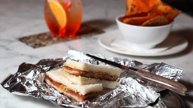 The afterschool sandwich, game chips and a gin spritz at Di Stasio. Picture: Rebecca Michael