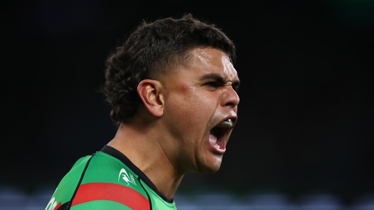 SYDNEY, AUSTRALIA - SEPTEMBER 17: Latrell Mitchell of the Rabbitohs reacts during the NRL Semi Final match between the Cronulla Sharks and the South Sydney Rabbitohs at Allianz Stadium on September 17, 2022 in Sydney, Australia. (Photo by Jason McCawley/Getty Images)